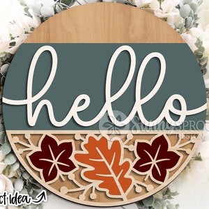 Panneau de fond bonjour motif feuille, téléchargement numérique, accroche-porte rond svg, fichier laser Glowforge, Cricut, décor automne svg, panneau de bienvenue automne