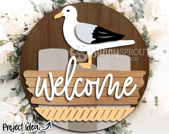 Welcome Seagull Driftwood Sign, Digital download, Glowforge laser file, Cricut, Round door hanger svg, Summer welcome, Beach house decor