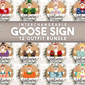 Goose Interchangeable Outfit Sign Bundle, Digital download, Round door hanger svg, Glowforge laser file, Cricut, Seasonal welcome door sign