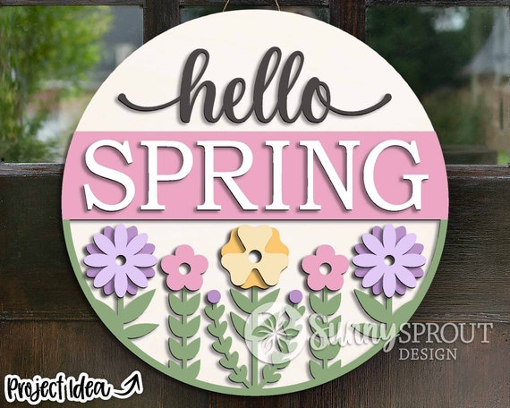 Hello Spring Flower Sign, Digital Download, Round Door Hanger SVG