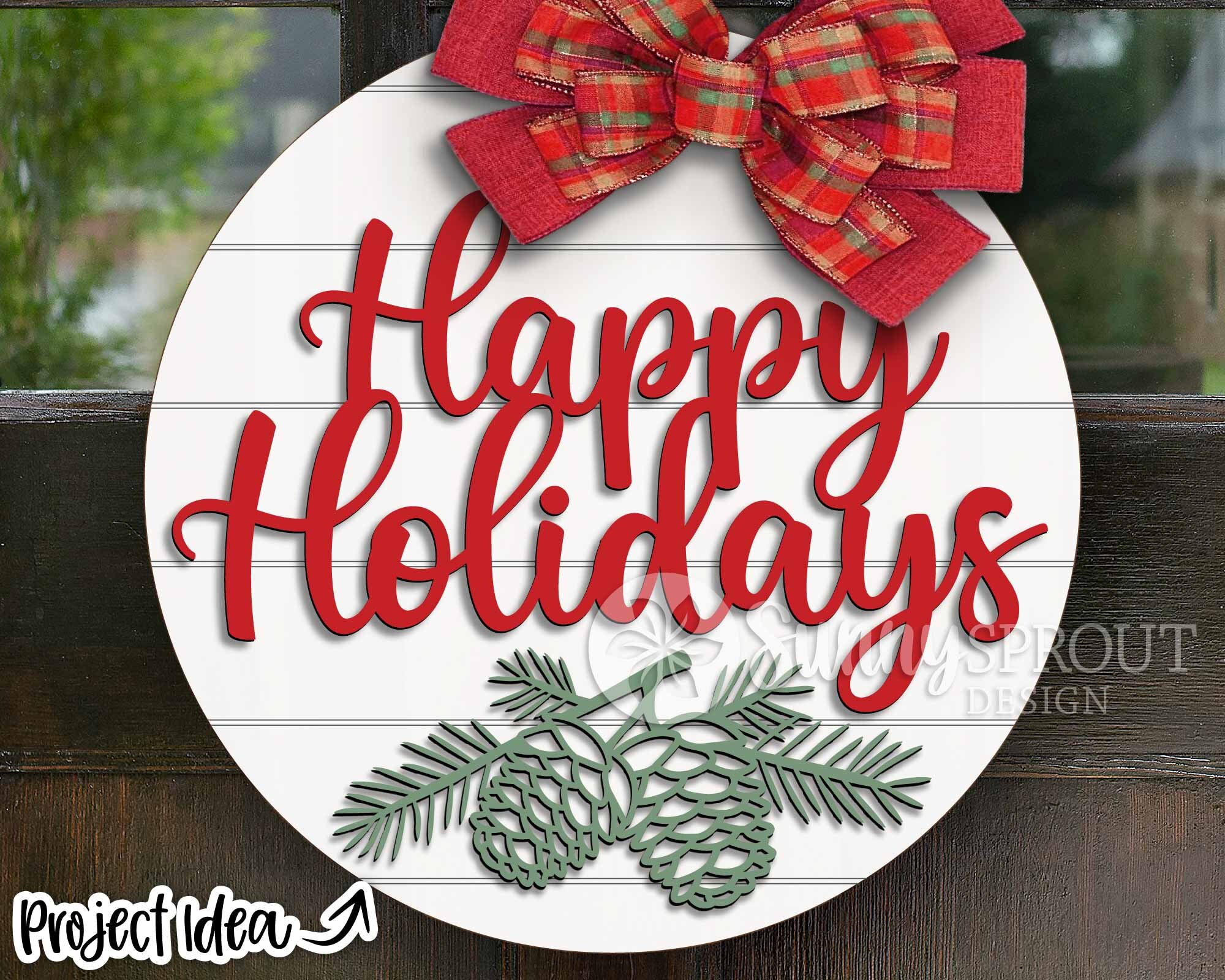 Happy Holidays Pine Branch, DIGITAL Download, Round Door Hanger