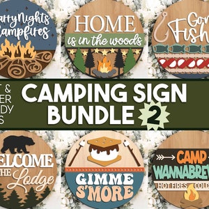 Paquete de 2 letreros láser para camping, descarga digital, colgador de puerta redondo SVG, archivo láser Glowforge, Cricut, letrero de bienvenida para puerta de entrada, decoración de verano