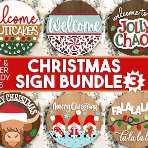 Christmas Laser Sign Bundle 3, Digital download, Round door hanger, Glowforge laser file, Cricut cut file, Holiday welcome svg, Winter sign