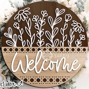 Welcome Wildflowers Rattan Pattern Sign, Digital download, Round door hanger svg, Glowforge laser file, Cricut cut file, Floral welcome sign