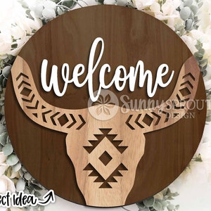Welkom Azteekse koe schedel teken, digitale download, ronde deurhanger svg, Glowforge laserbestand, Cricut, Southwestern decor svg