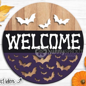 Znak powitalny Bones and Bat Pattern, plik laserowy Glowforge, plik do cięcia Cricut, okrągły wieszak na drzwi svg, powitanie Halloween svg, upiorny znak na drzwi