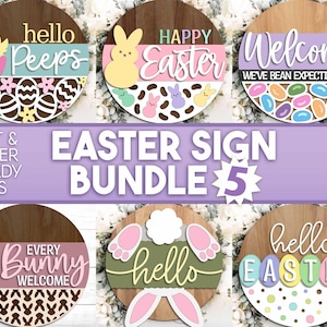 Bundle 5 de signes de Pâques, téléchargement numérique, svg rond d'accroche-porte, fichier laser Glowforge, fichier de coupe Cricut, signe de bienvenue printemps svg, lapin de Pâques