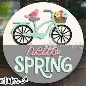 Bonjour printemps signe de bicyclette, accroche-porte rond svg, fichier découpé au laser Glowforge, Cricut, svg de printemps, plaque de bienvenue de porte, vélo avec des fleurs