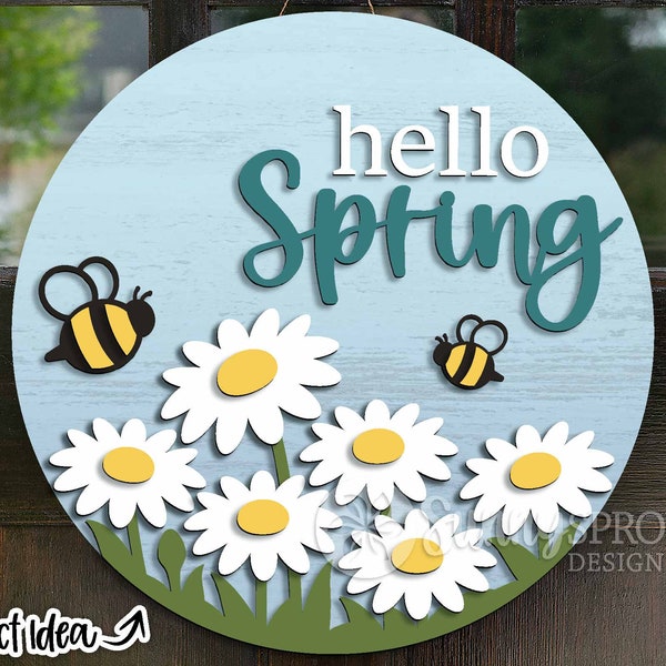 Hello Spring Daisy Bees Sign, Round door hanger svg, Spring welcome sign, Glowforge laser cut file, Cricut, Silhouette, Spring flower decor