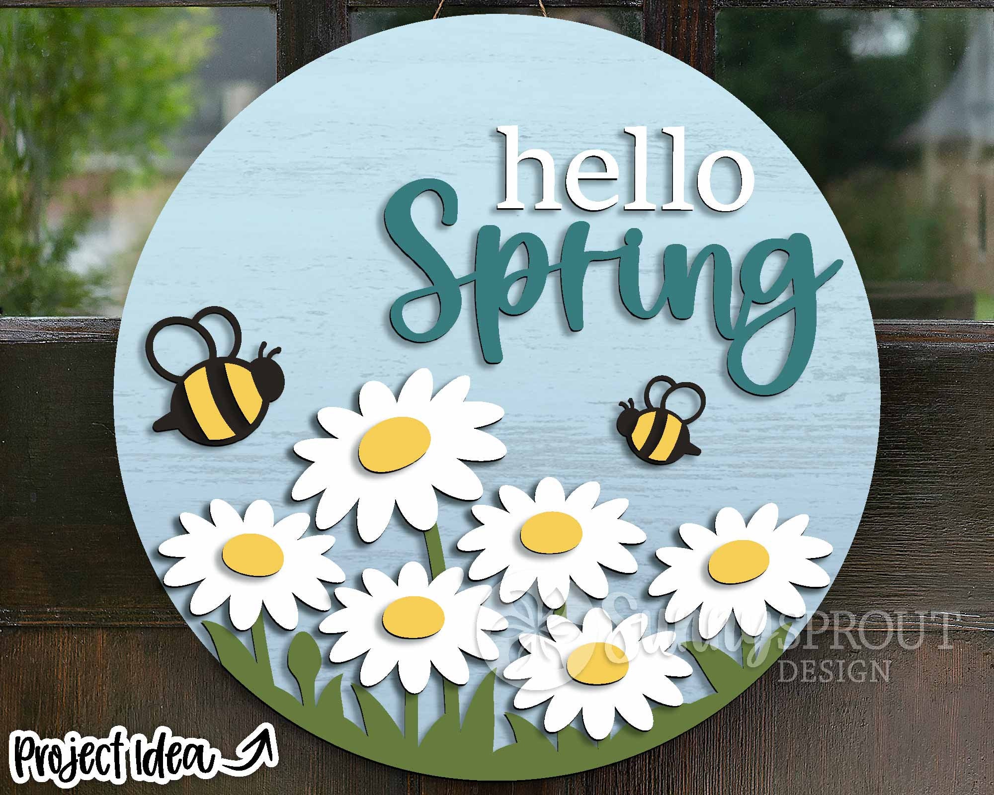 Hello Spring Daisy Bees Sign, Digital Download, SVG Laser Cut File
