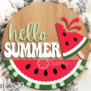 Letrero de helado de sandía "Hola Verano", descarga digital, colgador de puerta redondo SVG, archivo láser Glowforge, Cricut, letrero de bienvenida de verano SVG