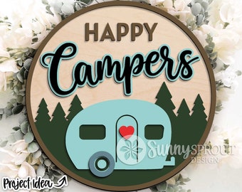 Happy Campers retrobord, digitale download, SVG-lasergesneden bestand, Cricut, ontwerp ronde deurhanger, inrichting campingcabine