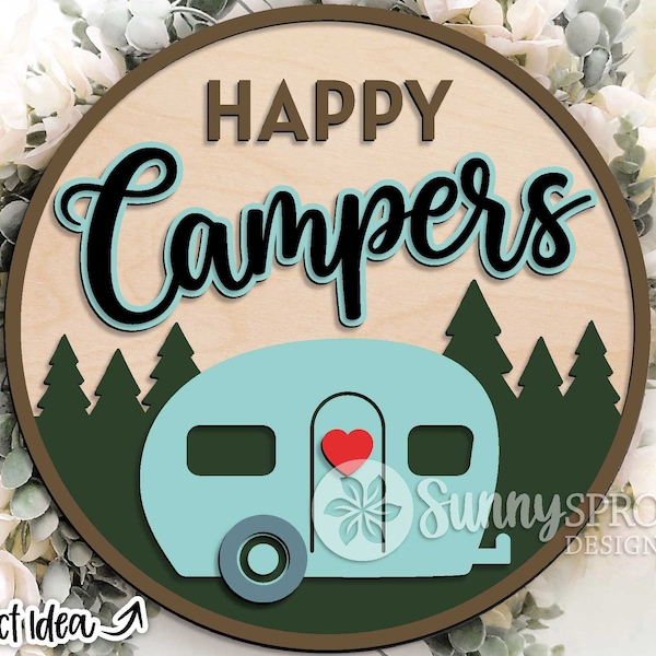 Happy Campers Retro, Digital download, Glowforge laser file, Cricut, Silhouette cut file, Round door hanger svg, Camper sign decor