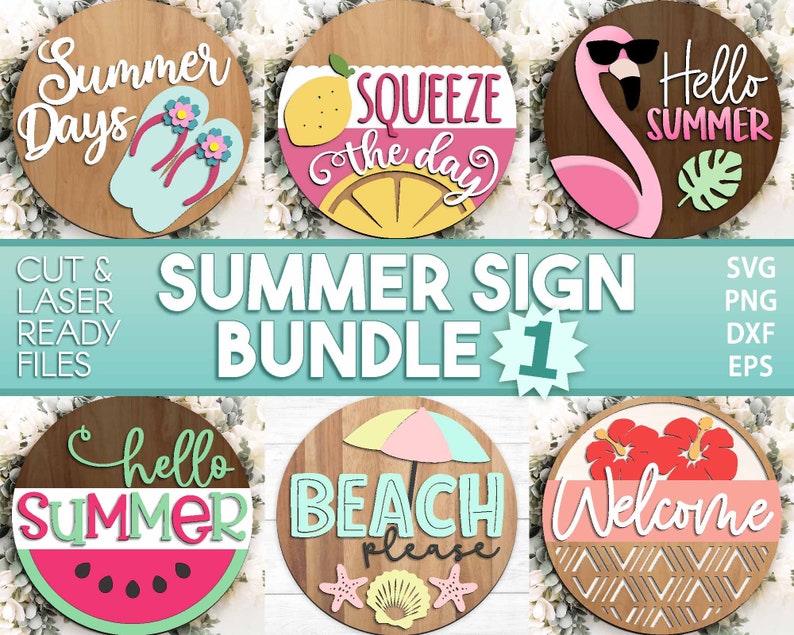 Summer Laser Sign Bundle, Digital download, Round door hanger svg, Glowforge laser file, Cricut, Front door welcome sign, Hello Summer svg image 1