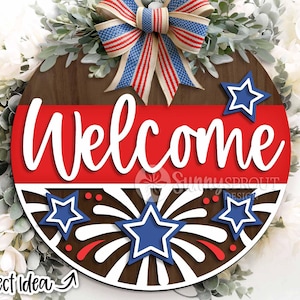 Signe d'étoiles de feu d'artifice de bienvenue, accroche-porte rond SVG, fichier laser Glowforge, Cricut, accueil patriotique, décor du 4 juillet, jour de l'indépendance