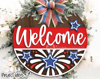 Welcome Fireworks Stars Sign, Digital Download, SVG Laser Cut File, Cricut, Round Door Hanger Design, Patriotic 4th of July Decor