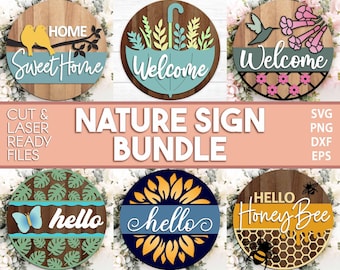 Nature Laser Sign Bundle, Round door hanger svg, Glowforge laser file, Cricut cut file, Front door welcome sign, Summer