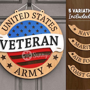 May include: Wooden round sign with a patriotic design. The sign features the text "UNITED STATES VETERAN ARMY" with a blue and red star-studded design. Includes variations for Navy, Marines, Air Force, and Coast Guard.