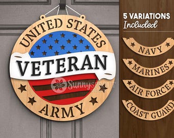 May include: Wooden round sign with a patriotic design. The sign features the text "UNITED STATES VETERAN ARMY" with a blue and red star-studded design. Includes variations for Navy, Marines, Air Force, and Coast Guard.