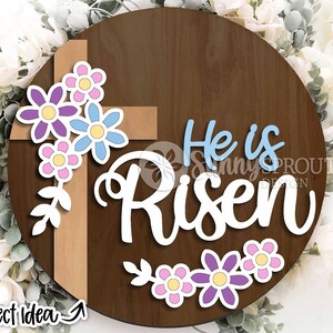 Letrero de flores con cruz de He Is Risen, descarga digital, colgador de puerta redondo SVG, archivo láser Glowforge, Cricut, letrero de bienvenida de Pascua, Jesús Pascua svg