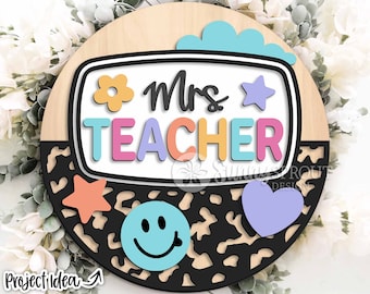 Composition Notebook Teacher Name Sign, Digital download, SVG Laser cut file, Cricut, Round door hanger design, Personalize school decor