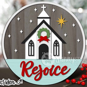 Letrero navideño de la iglesia "Rejoice", descarga digital, colgador de puerta redondo SVG, archivo de corte láser Glowforge, Cricut, silueta, letrero de bienvenida SVG