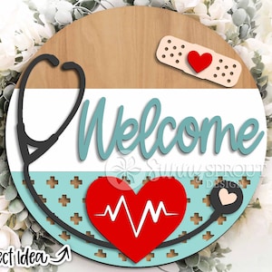 Panneau de bienvenue du bureau de l'infirmière, téléchargement numérique, fichier laser Glowforge, Cricut, accroche-porte rond svg, svg de l'hôpital infirmière médecin, personnaliser