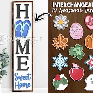 Cartello per veranda con grafica intercambiabile "Home Sweet Home", download digitale, inclinazione verticale per veranda in formato SVG, file laser Glowforge, Cricut, SVG stagionale