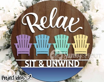 Relax Adirondack Chair Sign, Digital download, Round door hanger svg, Glowforge laser file, Cricut cut file, Summer welcome sign, Beach svg