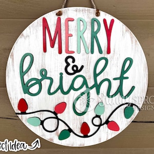 Joyeux & lumineux guirlandes lumineuses, téléchargement numérique, accroche-porte rond hiver svg, signe de Noël, Cricut, Silhouette, fichier découpé au laser Glowforge
