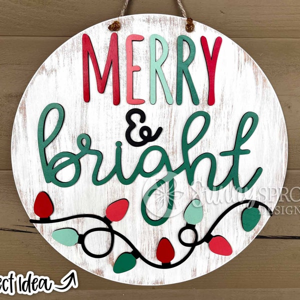 Merry & Bright String Lights, DIGITAL download, Winter round door hanger svg, Christmas sign, Cricut, Silhouette, Glowforge laser cut file