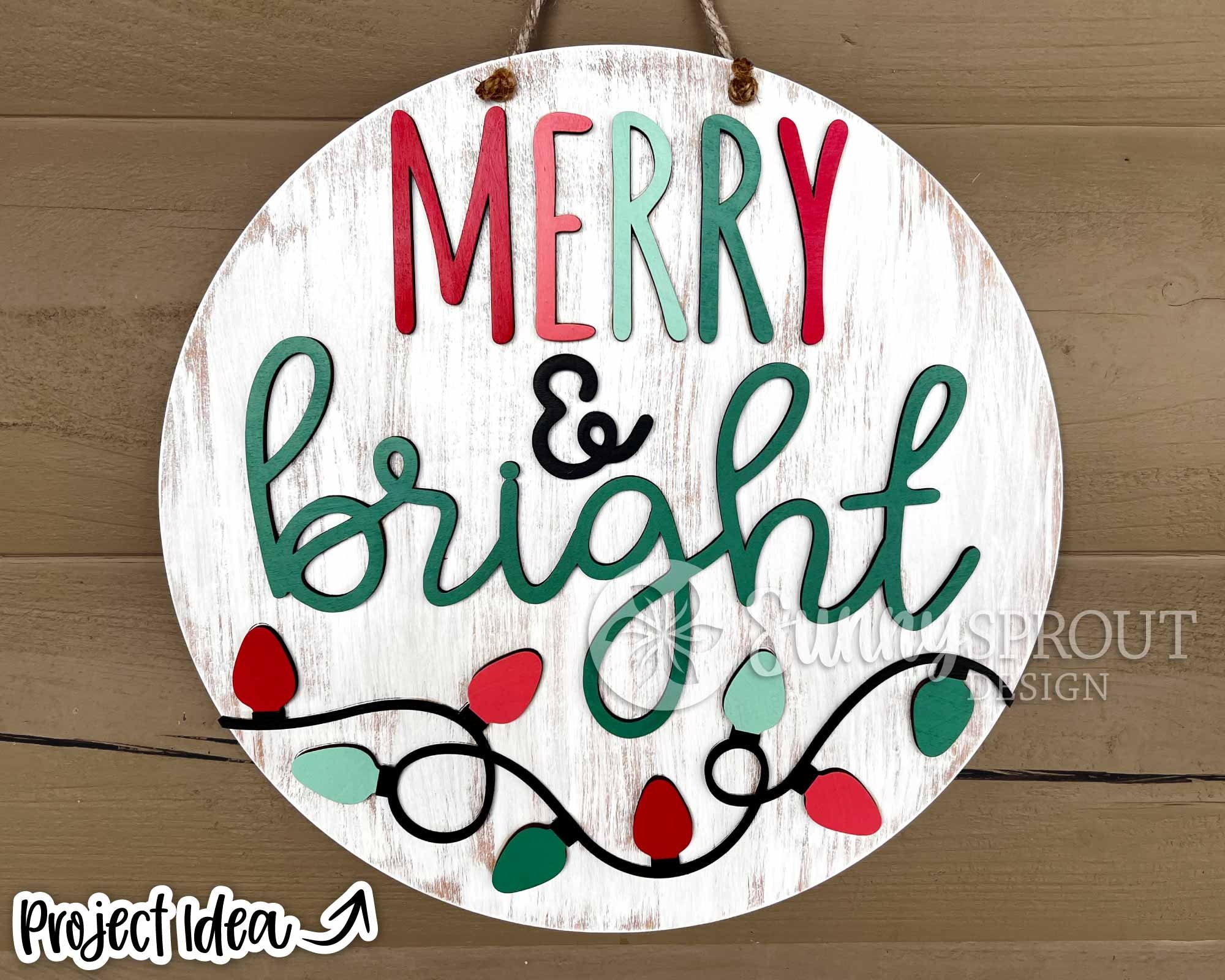 Merry & Bright String Lights, DIGITAL download, Winter round door hanger svg, Christmas sign, Cricut, Silhouette, Glowforge laser cut file