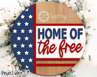 Hem för gratis amerikansk flaggskylt, digital nedladdning, SVG-laserskuren fil, Cricut, rund dörrhängardesign, patriotisk 4 juli-dekor