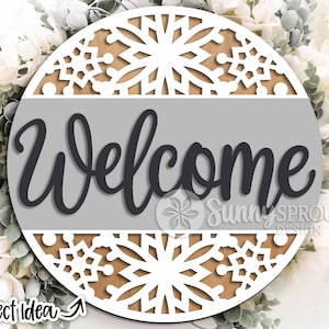 Cartello di benvenuto con fiocco di neve, download digitale, appendino rotondo per porta in formato SVG, file laser Glowforge, Cricut, decorazione invernale per porta, cartello natalizio in formato SVG