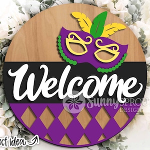 Placa de boas-vindas com máscara de Mardi Gras, Download digital, Suporte de porta redondo svg, Arquivo laser Glowforge, Cricut, Design de Mardi Gras svg, Terça-feira Gorda svg