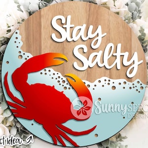 Stay Salty Crab Ocean Sign, digitale download, ronde deurhanger svg, Glowforge laserbestand, Cricut, welkomstbord strandhuis, Ocean decor svg