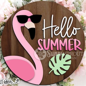 Hallo zomer flamingo teken, digitale download, ronde deurhanger svg, Glowforge laserbestand, Cricut gesneden bestand, zomer welkomstbord, stranddecor