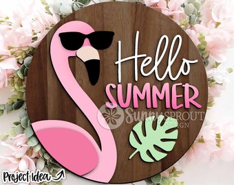 Hello Summer Flamingo Sign, Digital download, Round door hanger svg, Glowforge laser file, Cricut cut file, Silhouette, Summer welcome sign