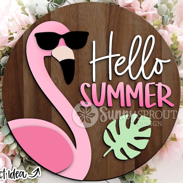 Hello Summer Flamingo Sign, Digital download, Round door hanger svg, Glowforge laser file, Cricut cut file, Silhouette, Summer welcome sign