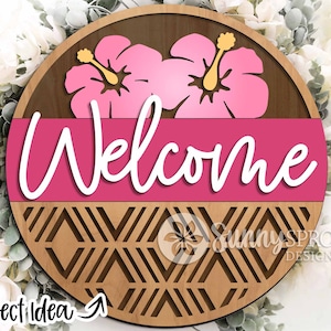 Willkommen Hibiskus Blume Zeichen, digitaler Download, runde Türschild svg, Glowforge Laser-Datei, Cricut, Tropischer Sommer-Wanddekor, Floral svg