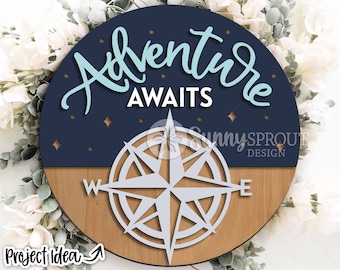 Adventure Awaits Compass Sign, Digital download, SVG Laser cut file, Cricut, Round door hanger design, Camping cabin outdoor decor
