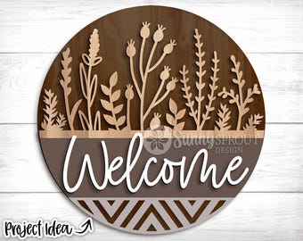 Willkommen Geometrisches Zeichen Wildblumen, digitaler Download, SVG Laser geschnitten Datei, Cricut, Blumen Bauernhaus Runde Tür Schild Design