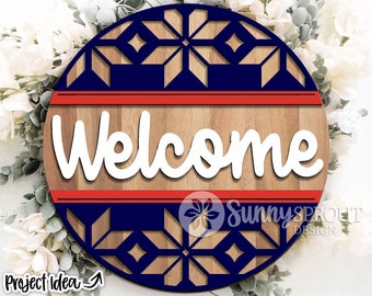Welcome Fairisle Round, Round door hanger svg, Glowforge laser file, Cricut cut file, Winter welcome sign, Ski lodge decor