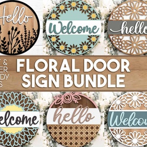 Floral Welcome Laser Sign Bundle, Digital download, Round door hanger svg, Glowforge laser file, Cricut cut file, Front door sign svg