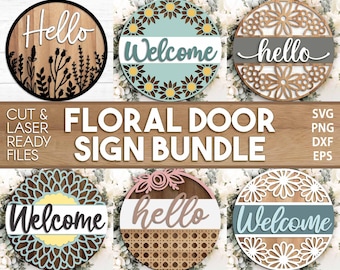 Floral Welcome Laser Sign Bundle, Round door hanger svg, Glowforge laser file, Cricut cut file, Front door sign svg