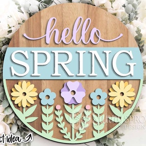 Cartello con fiori di primavera, appendino rotondo per porta in formato svg, file di taglio laser Glowforge, file di Cricut in formato svg, cartello di benvenuto primaverile, file di decorazioni floreali primaverili