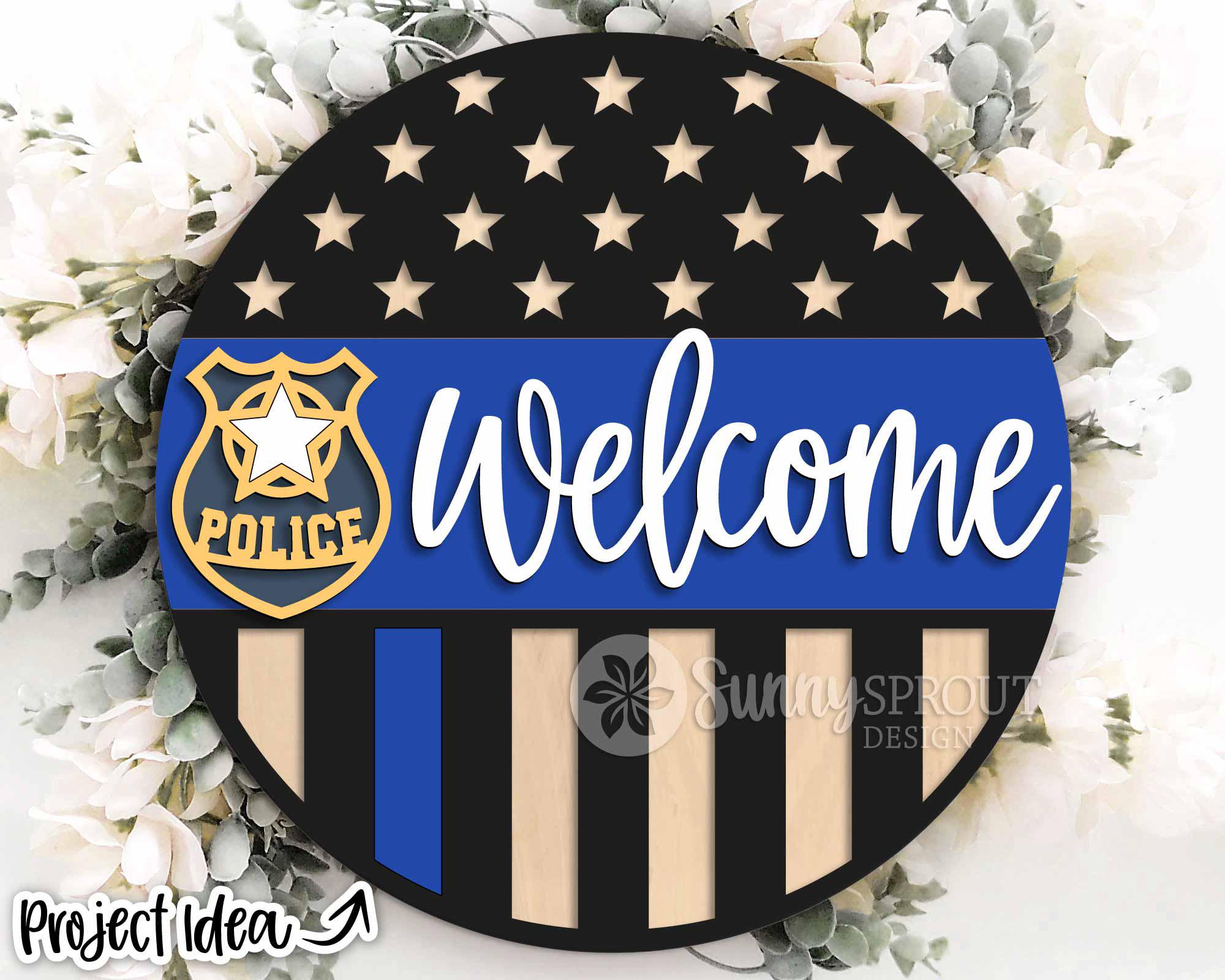 Police Badge American Flag Welcome Sign, Digital Download, Round