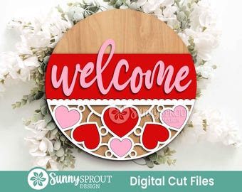 Welcome Heart Pattern Sign, Digital Download, SVG Laser Cut File, Cricut, Round Door Hanger Design, Valentine's Day Decor