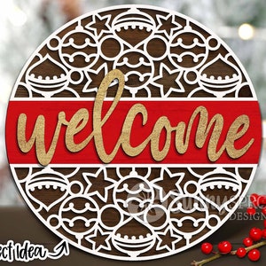 Welcome Ornament Pattern, Digital download, Round door hanger svg, Winter sign, Cricut, Silhouette, Glowforge laser file, Holiday svg
