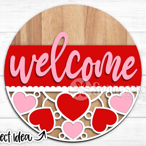 Welcome Heart Pattern, Digital download, Round door hanger svg, Glowforge laser cut file, Cricut, Silhouette png, Valentine welcome sign